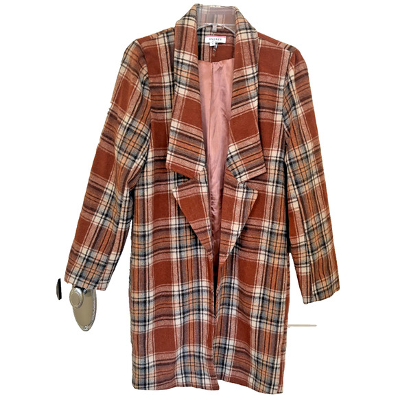 Andree By Unit Women Plaid Open Front Overcoat Small Brown Fall Academia Office - Picture 1 of 4
